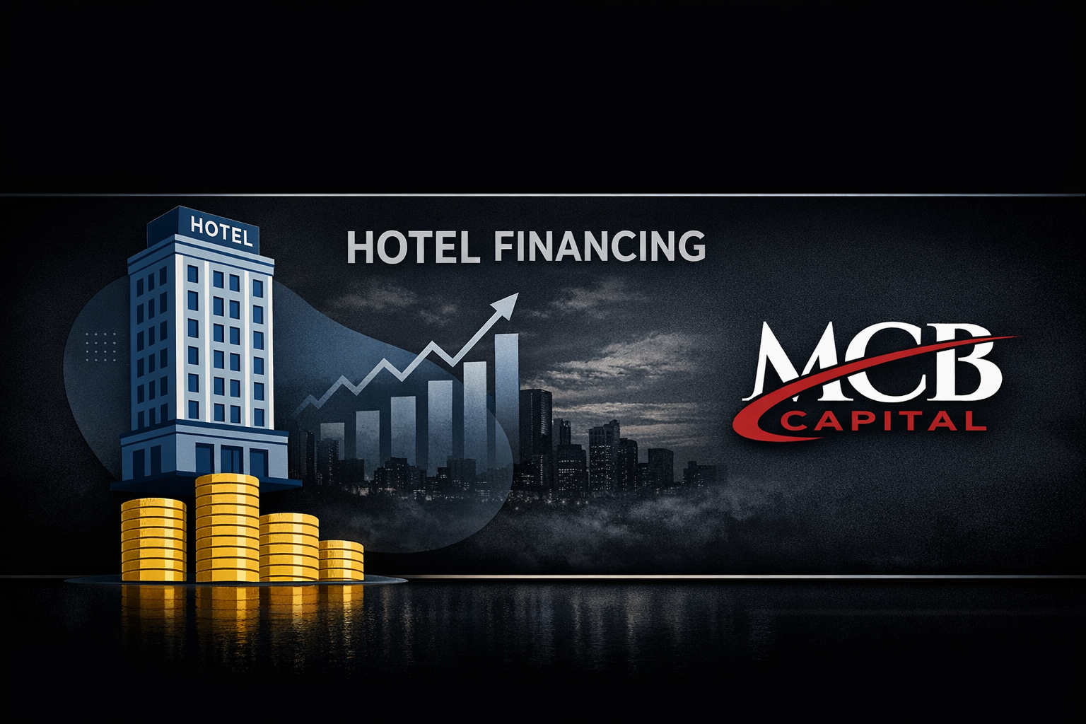 Hotel financing banner with a blue hotel atop gold coins, rising bar chart, and a cityscape in the background; MC Capital logo on the right.